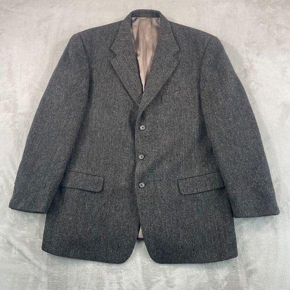 Vintage Harris Tweed Sport Coat Blazer Men 44L Brown Herringbone 100% Wool USA